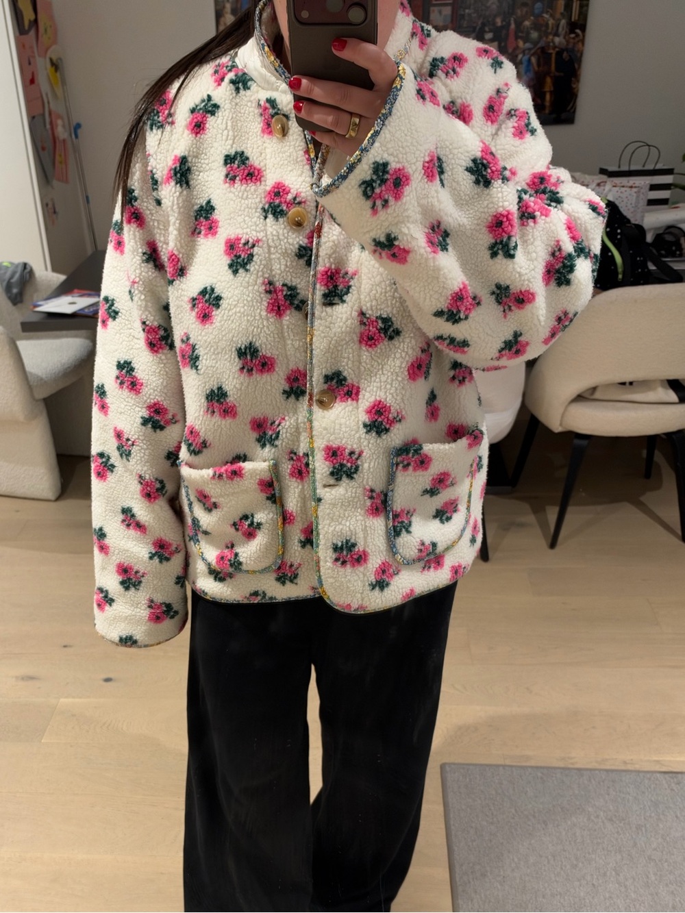 Floral Teddy Jacket with Pink Roses